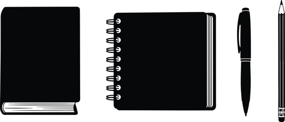 black notebooks and pens on white background