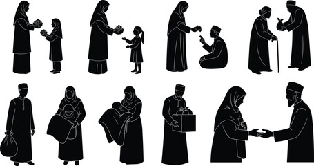 Charity silhouette illustration, Muslim community help, caregiving vector icon, food donation scene, cultural kindness gesture, cad drawing flat vector illustration