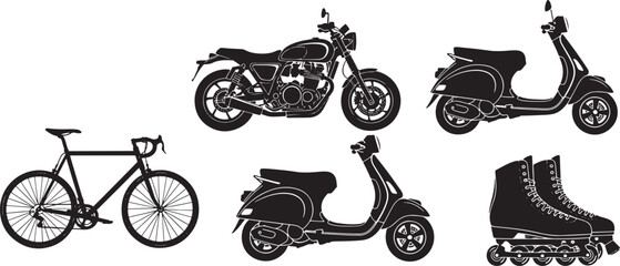 black silhouettes of vehicles and sports equipment