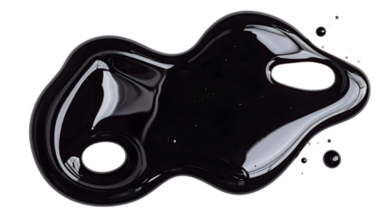 Thick black lubricant stain with glossy reflective areas, isolated on a white background