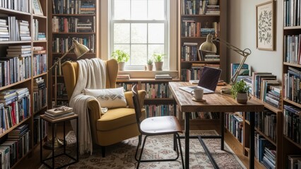 Cozy Home Library with Bookshelves and Armchair.