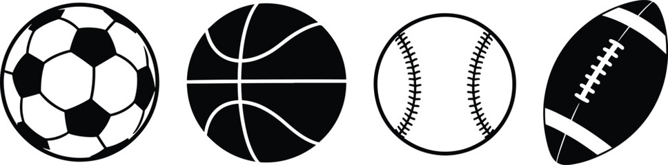 Four sports balls icons in black and white
