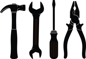 set of hand tools including hammer wrench screwdriver pliers isolated on transparent background