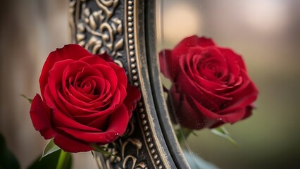 Vibrant Red Rose Close-up and Its Reflection in an Ornate Golden Frame Mirror, Romantic Interior Still Life Valentines day