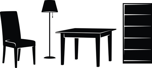 Silhouettes of a chair table lamp and bookshelf on white background