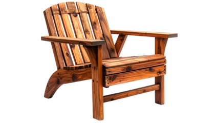 Rustic wooden Adirondack chair with slatted back and seat, set against a black background