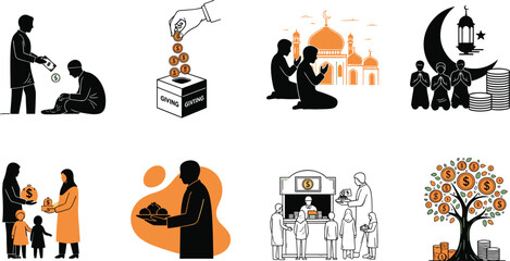 Islamic Charity and Worship Vector Icons Set