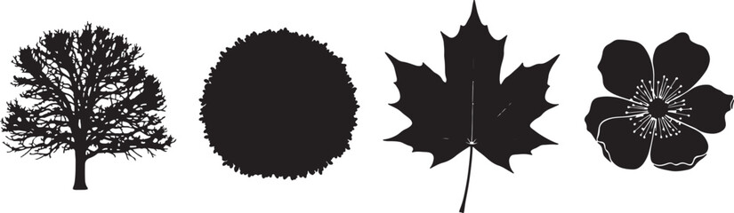 Silhouettes of a Tree a Bush a Maple Leaf and a Flower