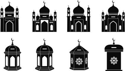 Islamic mosque silhouette, donation box icon, crescent moon dome, charity vector design, cultural architecture symbol, cad drawing flat vector illustration