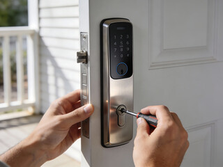 Hands installing digital smart lock on white door with screwdriver