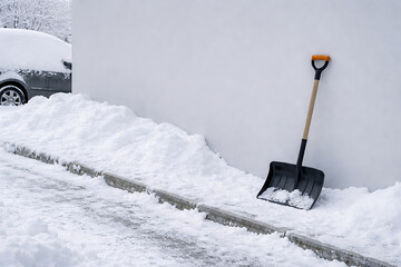 Snow shovel leaning against snowy wall on winter day