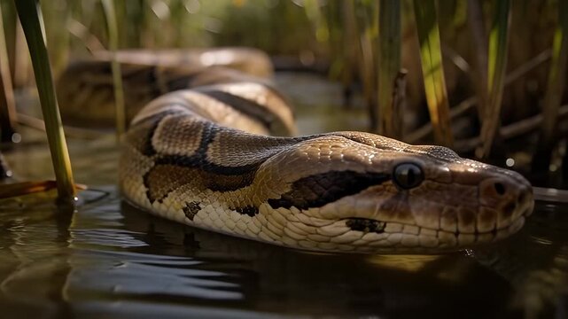 Close-up of a large python swimming through a shallow, reedy swamp on a sunny day.