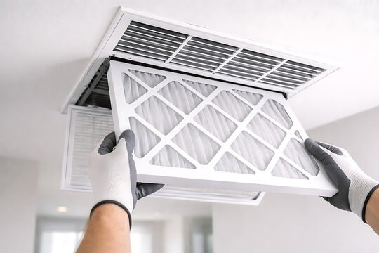 Hands replacing air filter in modern white room for clean air