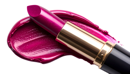 Close-up of a vibrant fuchsia lipstick with a smeared application on a dark background