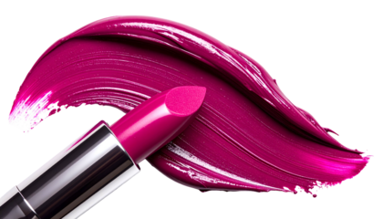 A vibrant magenta lipstick with a corresponding smear, isolated on a transparent background