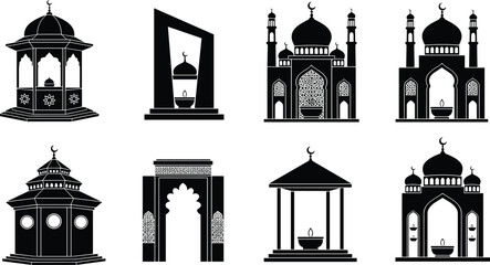Islamic mosque silhouette, Ramadan lanterns, crescent moon, black vector icons, cultural heritage, religious buildings, spiritual symbols, editable CAD drawing flat vector illustration