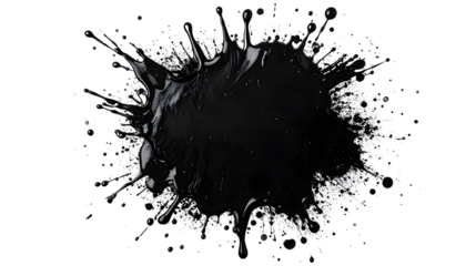 Black ink blot with artistic splatter effect, isolated on a white background