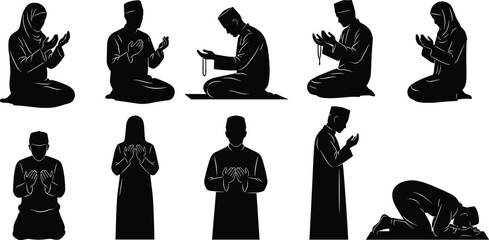 Islamic prayer pose, worship silhouette, sujood vector, tasbih icon, traditional attire, devotion posture, black figure art, cad drawing flat vector illustration