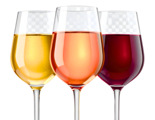 Set of white, rose, and red wine glasses isolated on withe background