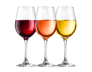 Set of white, rose, and red wine glasses isolated on withe background