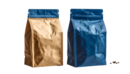 Two colorful, square-bottomed pouches stand together; coffee beans are scattered below