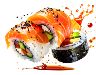 Falling sushi rolls with soy sauce splash, isolated on a white background.