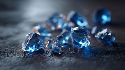 Close-up of blue, faceted, gem-like pieces scattered on a rough, dark, mottled surface