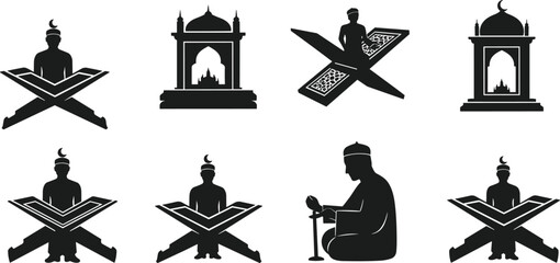 Islamic worship icon, Quran reading silhouette, mosque vector, prayer beads illustration, crescent moon symbol, religious activity, cad drawing flat vector illustration