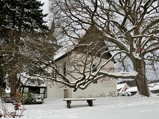 Winterspaziergang in Bad Sachsa im Harz: der Schmelzteich und die evangelisch-lutherische St.-Nikolai-Kirche