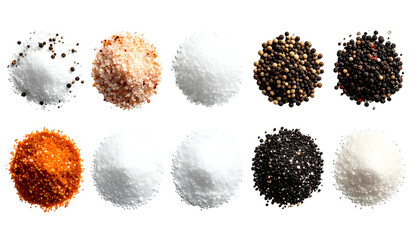 Overhead view of ten isolated spice and seasoning mounds on a black background