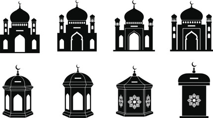 Mosque silhouette icon, donation box vector, Islamic architecture symbol, crescent dome design, charity container illustration, cad drawing flat vector illustration