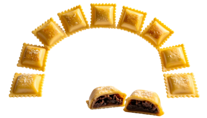 An arch of golden, square pasta arranged around two cut, filled pieces on a black ground