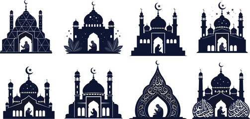 Mosque silhouette, Islamic prayer, Muslim worship, crescent moon, Arabic calligraphy, vector art, religious devotion, architecture, flat design, cad drawing flat vector illustration