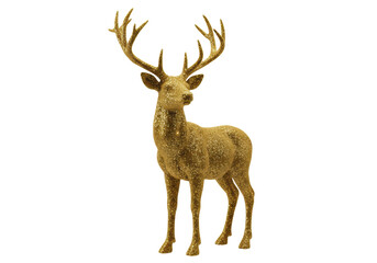 Obraz premium magnificent mature stag silhouette statue completely filled with rich, metallic gold micro-glitter texture and trophy antlers, isolated on a white background. luxury holiday decor concept