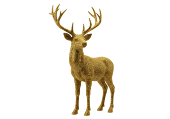magnificent mature stag silhouette statue completely filled with rich, metallic gold micro-glitter texture and trophy antlers, isolated on a white background. luxury holiday decor concept