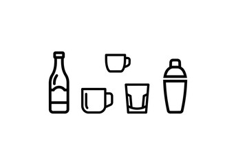 Vector Ilustration Concept Minimalist Line Art of Barware - Bottle, Cups, Glass, and Shaker.