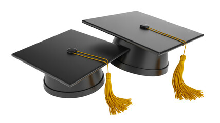 A 3D rendering of two black graduation mortarboards with yellow tassels against a pure white background.