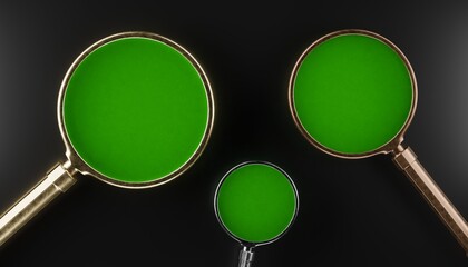 gold, silver and bronze magnifying glasses with green screen background