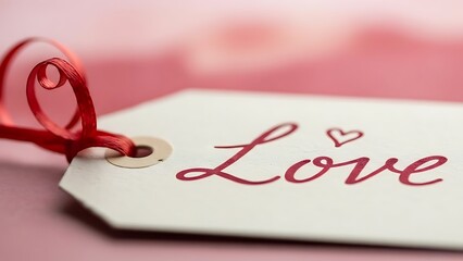 Close-up of a Paper Gift Tag with Love Written in Cursive and a Red Silk Ribbon Valentines day