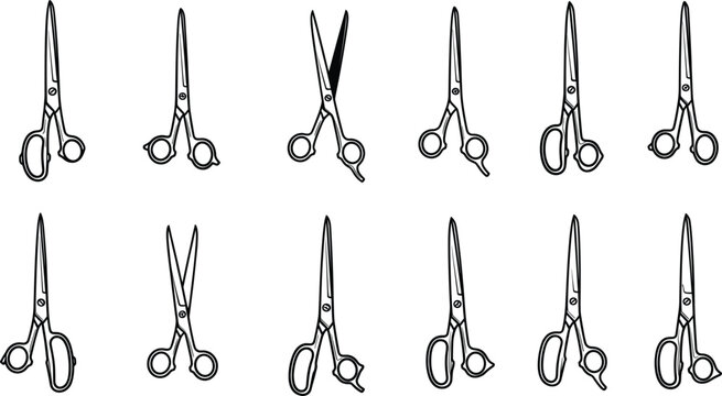 Scissors vector set featuring multiple cutting tool shapes for office tailoring craft and hairdressing applications