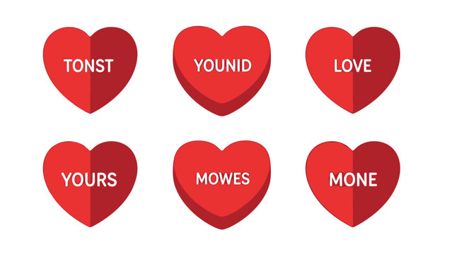 Six red hearts with anagrammed love messages on a white background.