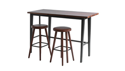 A high-top table and two stools in front of a black background