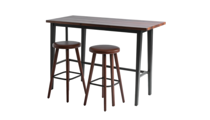 A high-top table and two stools in front of a black background