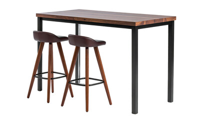 Modern bar table with two stools. Wooden top, black metal frame, brown leather seats
