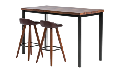 Modern bar table with two stools. Wooden top, black metal frame, brown leather seats