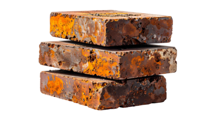 Three rectangular, weathered, rust-covered blocks stacked atop one another against black