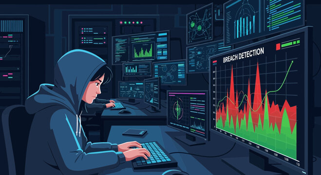 Focused Hacker Analyzing Data on Multiple Screens in Dark Room.