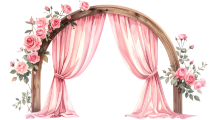 Watercolor illustration of a wooden arch decorated with pink roses and draped fabric