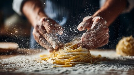 Close-up of hands crafting pasta, dusted with flour, focus on fresh, coiled noodles on wooden surface