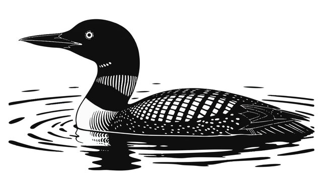 A black and white linocut illustration of a loon s